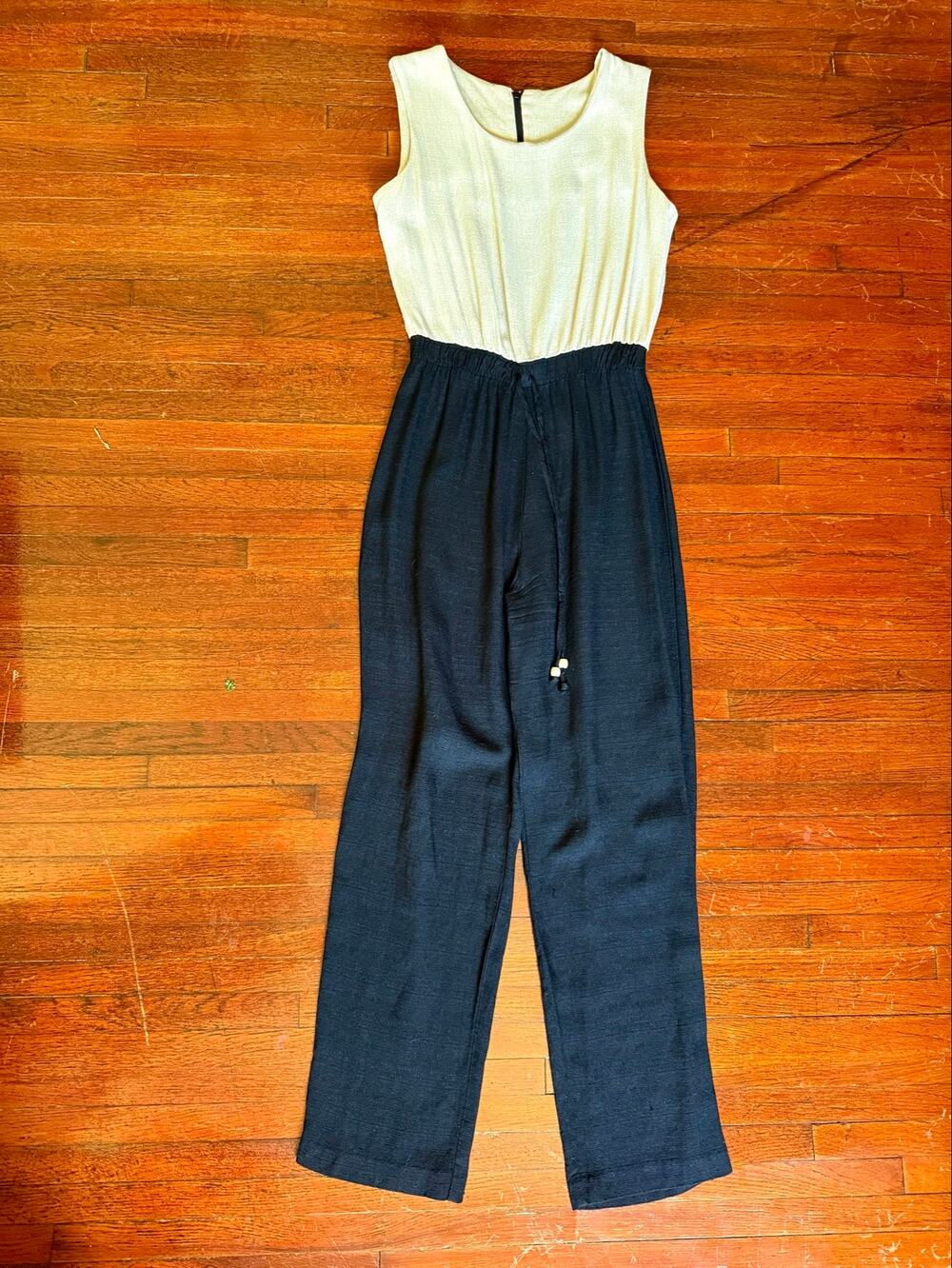 Vintage 70s Neutral Beige Black Gauzy Sleeveless Jumpsuit One Piece Boho Small